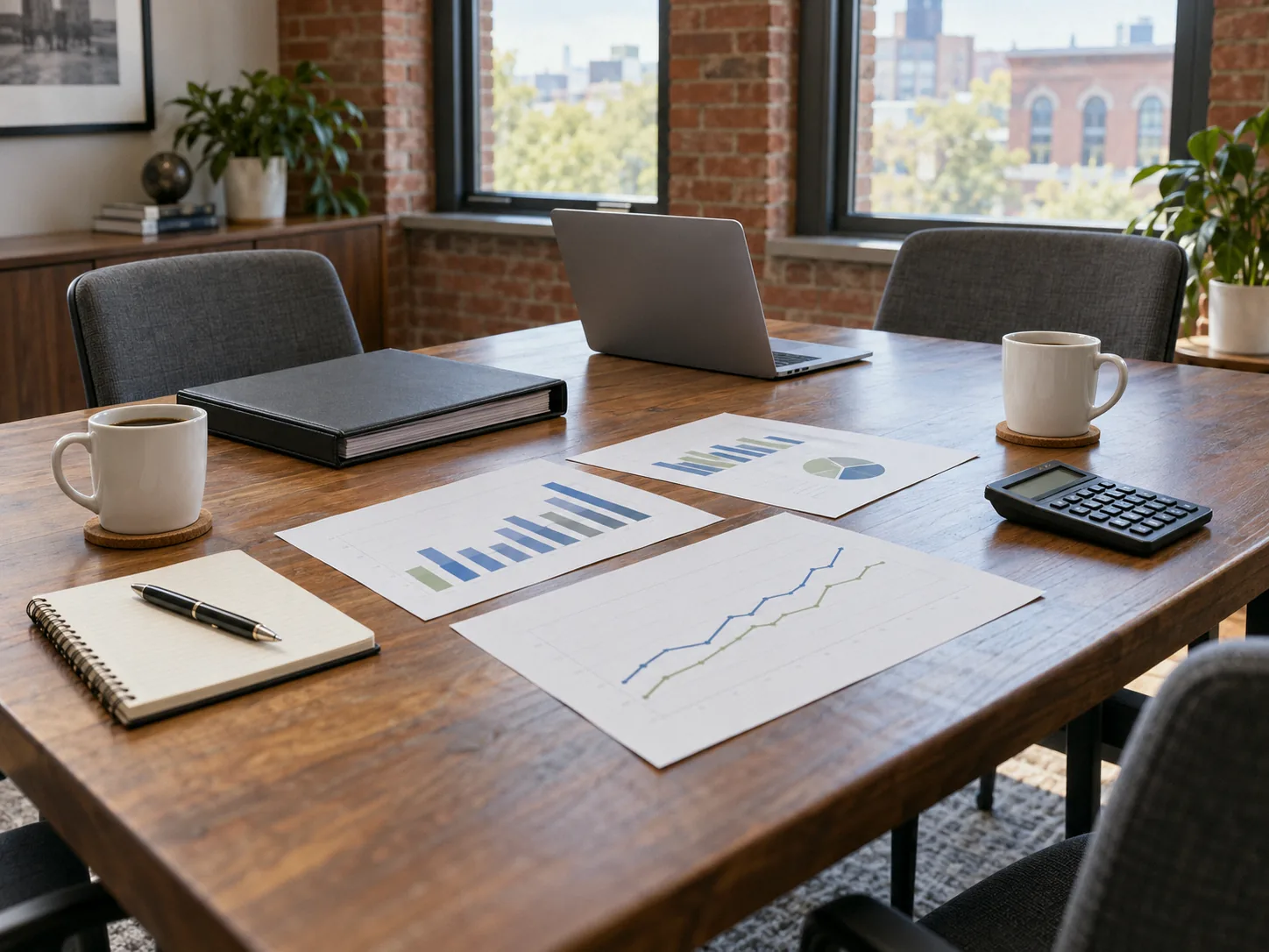 Fractional CFO services near you: a conference table set for a financial review with printed charts, a binder, a laptop and a calculator