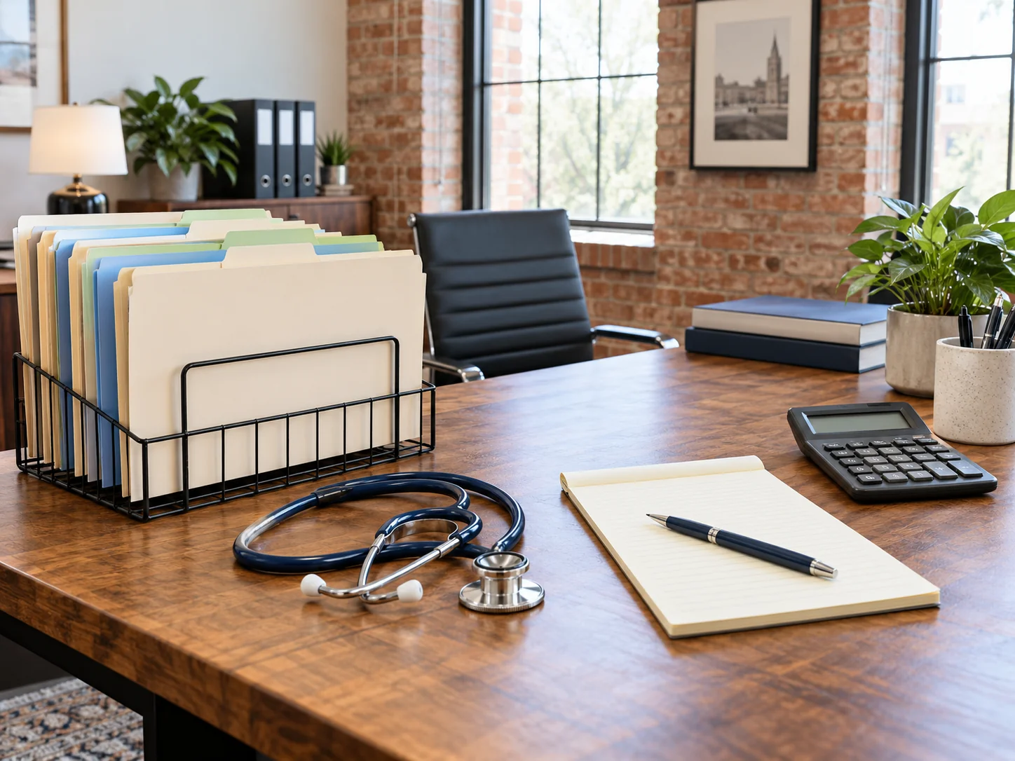 CPA for doctors near you: a stethoscope, file folders and a calculator on a desk