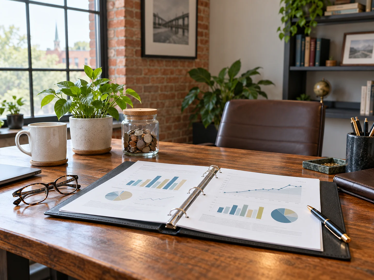 Retirement tax planning near you: a binder of retirement charts on a desk beside reading glasses and a jar of coins