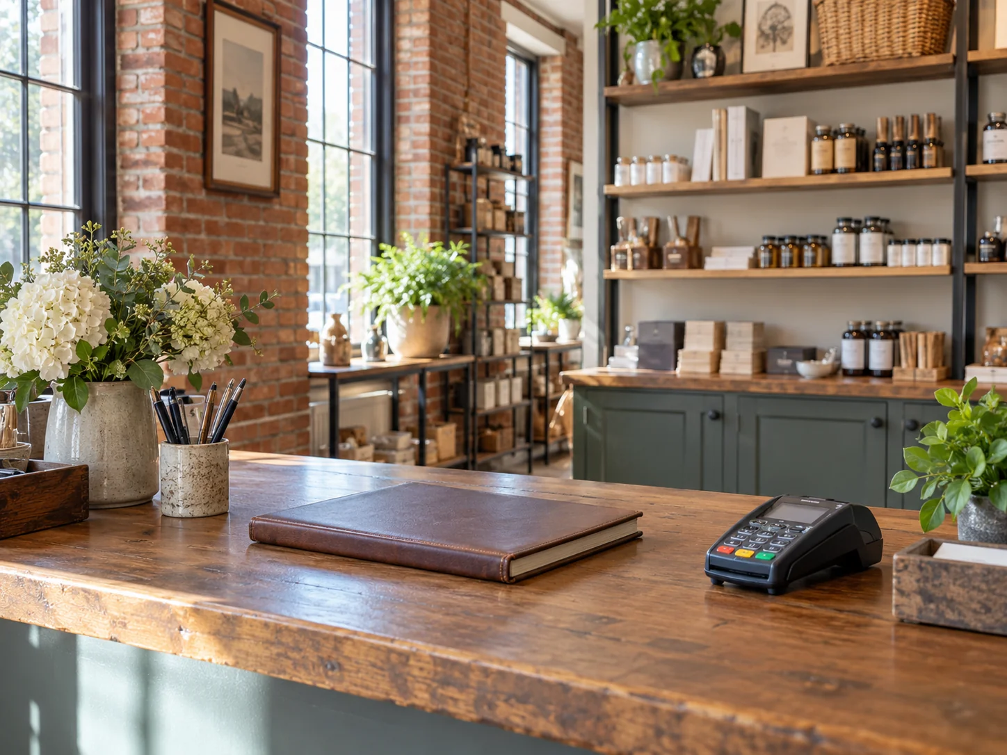Accountant for new businesses near you: a shop counter with a card reader, a ledger and stocked shelves