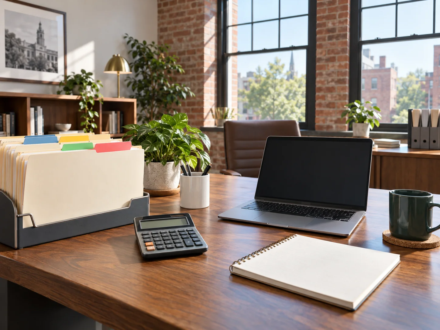 Tax services near you: a desk with tabbed tax files, a calculator, a laptop and a notebook
